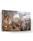 Metelius Kuşatma Cam Tablo featuring a historical scene with vibrant colors and detailed characters, UV printed on durable glass.
