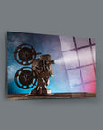 Vintage film projector on a glass panel with colorful smoke background, perfect for cinema lovers.