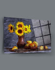 Sunflower glass art piece with a vase and fruit, showcasing high-quality UV printing on durable tempered glass.