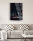 New York skyline night view on glass art, perfect for modern home decor in a chic living room.