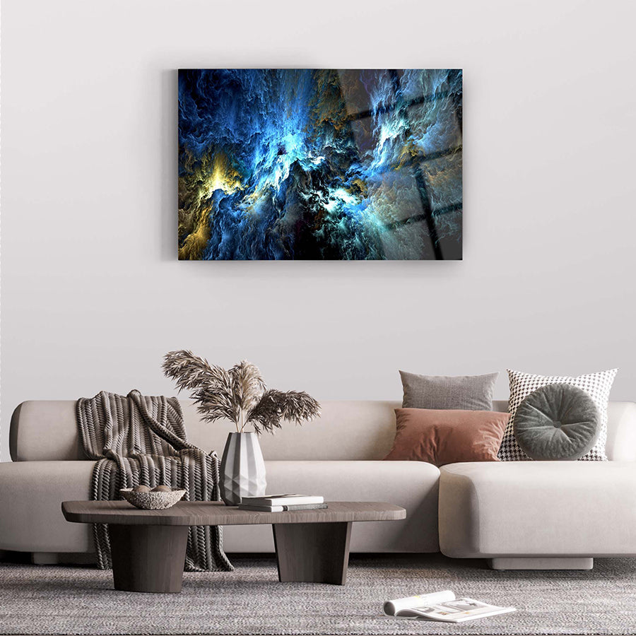 Uzay Bulutları Cam Tablo, modern oturma odasında asılı, şık tasarım ve canlı renkler, SRD CONCEPT kalite.