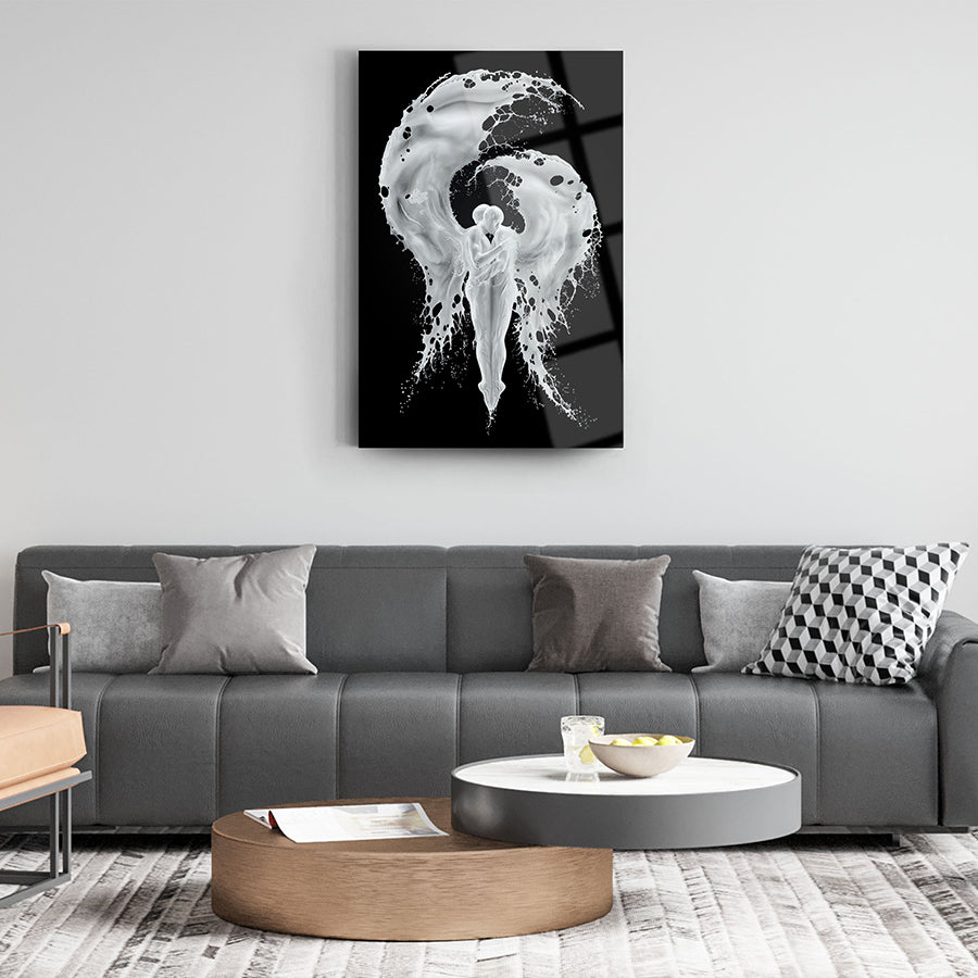 Beyaz Aşk Cam Tablo, şık oturma odası tasarımı ile modern sanat eseri olarak sunulmaktadır.