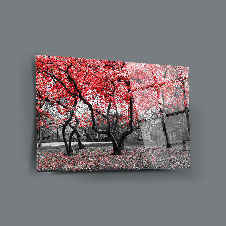 Kırmızı ağaçlar ile şık cam tablo, 4 mm kalınlığında temperlenmiş camdan, UV baskı ile tasarlanmış.