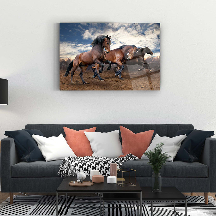 Arap Atları cam tablo, şık oturma odası dekoru, modern tasarım, yüksek kaliteli UV baskı.