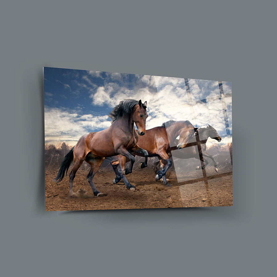 Arap atları üzerinde koşarken, şeffaf cam tablodaki etkileyici görüntü.