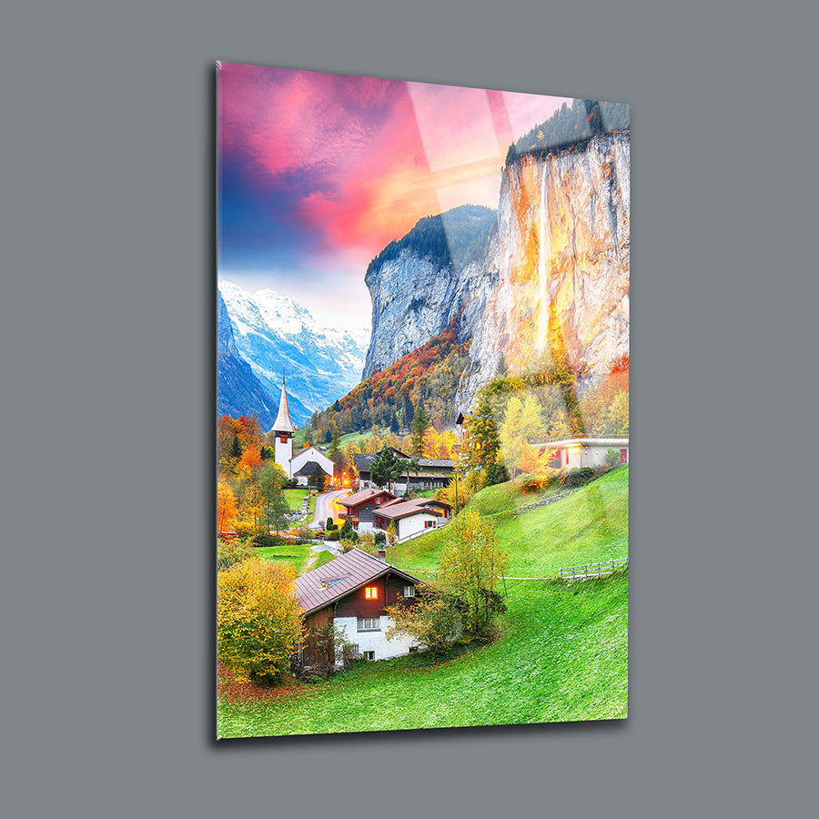Lauterbrunnen Village glass panel art featuring vibrant landscapes and mountains, ideal for home decor.