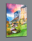 Lauterbrunnen Village glass panel art featuring vibrant landscapes and mountains, ideal for home decor.