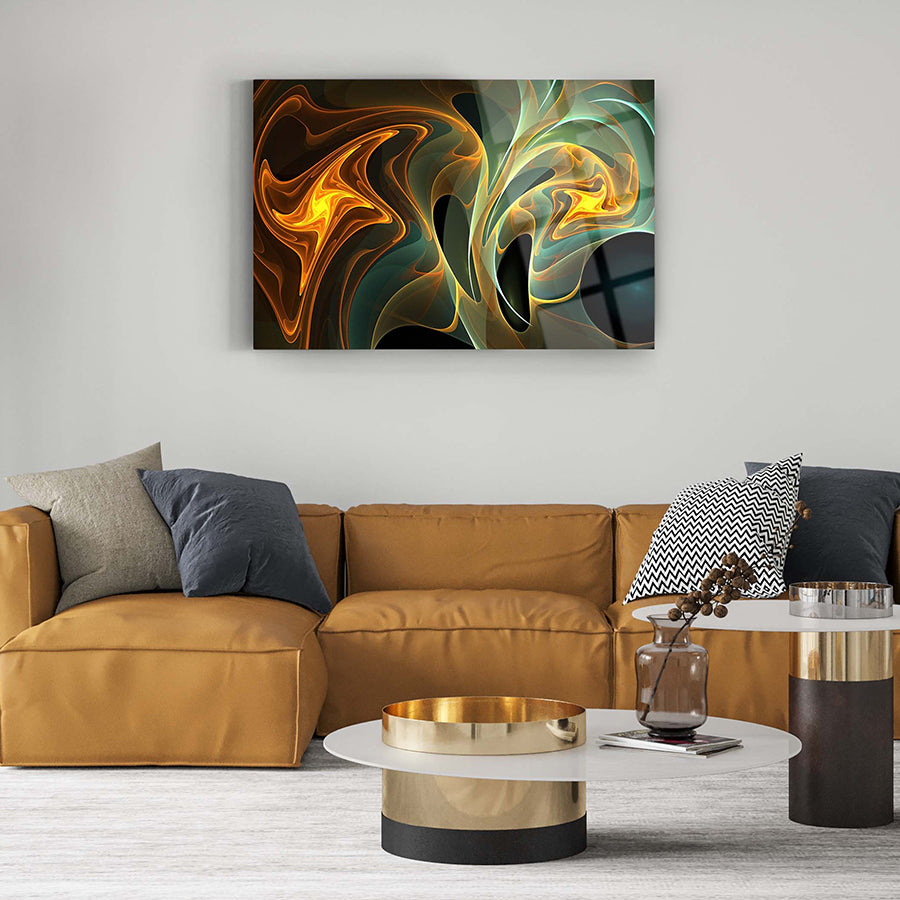 Turuncu Dalgalar Cam Tablo, modern tasarım, oturma odası dekorasyonu, şık ve kaliteli cam sanat eseri.
