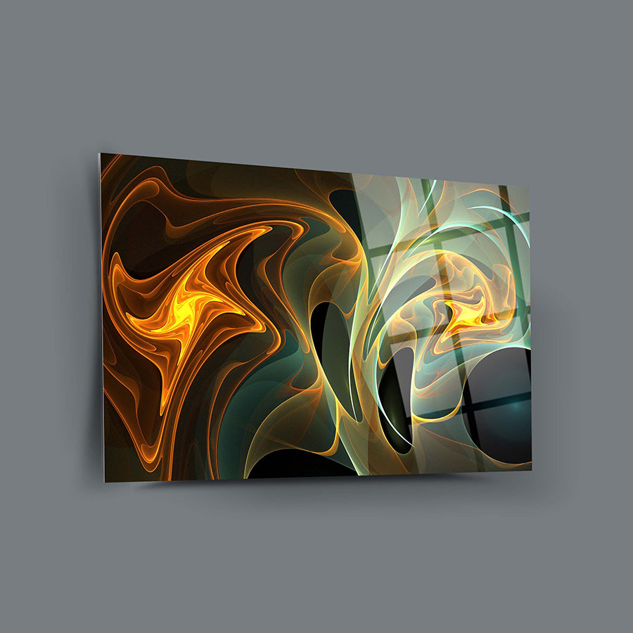 Turuncu Dalgalar Cam Tablo, modern tasarım, yüksek kaliteli temperli cam, UV baskı ile renkli soyut sanat.