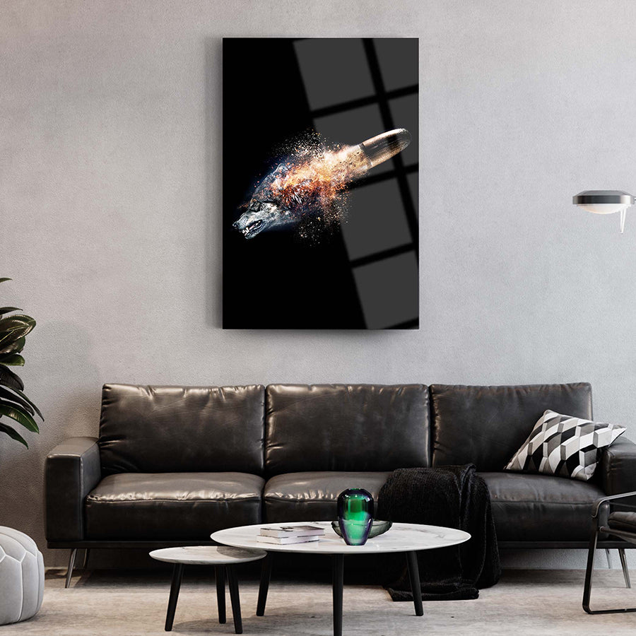 Kurşun ve Kurt temalı modern cam tablo, şık oturma odası dekorasyonu için ideal.