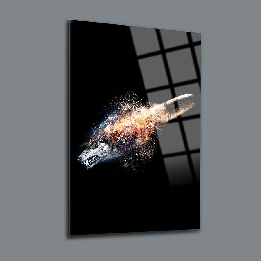 Kurşun ve kurt temalı modern cam tablo, UV baskı ile tasarlanmış, 4 mm kalınlığında, yüksek kaliteli. Kırılmaya dayanıklı.