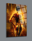 Abstract artwork on glass featuring a stylized human figure in warm golden tones.
