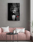 Bay Arslan Cam Tablo featuring a lion in tuxedo with a rose, elegantly displayed in a modern living room.
