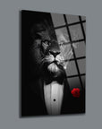 Artistic lion wearing a tuxedo, smoking with a rose, showcasing a blend of elegance and strength.