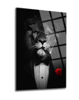 Stunning lion portrait in tuxedo with a rose, combining elegance and bold art on a glass surface.