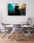 Kara Panter Cam Tablo in modern office setting, featuring sleek design and striking black panther artwork.