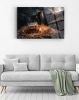 Off-road vehicle artwork displayed above a cozy gray couch in a modern living room setting.