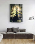 Modern leopard-themed glass artwork in a stylish living room setting.