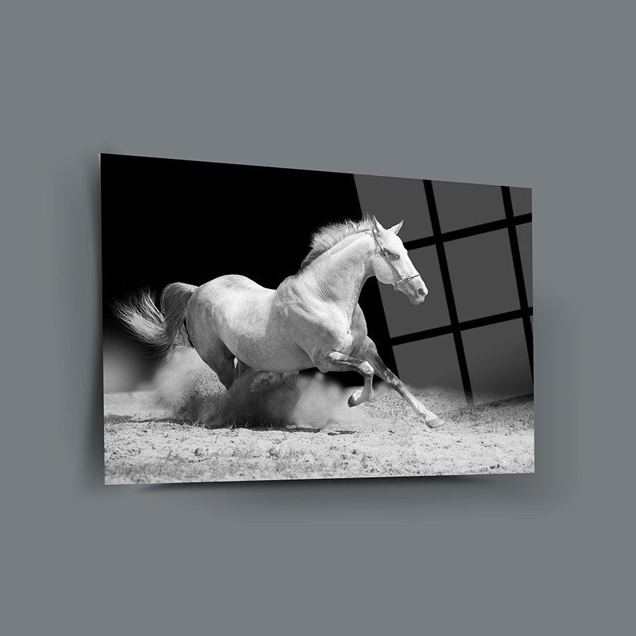 Sultan Atı Cam Tablo: Şık beyaz atın dinamik bir şekilde koştuğu modern tasarım cam tablo.