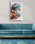 Artistic brown horse glass print on wall above a modern teal sofa in stylish interior