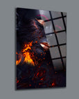 Bayan Kor Cam Tablo featuring an artistic design with flames and roses, printed on high-quality tempered glass.