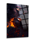 Bayan Kor Cam Tablo featuring a striking design with vibrant flames and roses, showcasing unique UV printing on high-quality glass.