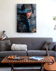 Modern Mavili Kadın Cam Tablo displayed in a stylish living room with a gray sofa and coffee table.