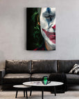 Joker Yarım Yüz Cam Tablo, modern iç mekan dekoru, yüksek kaliteli UV baskı, temperli cam yüzey, şık ve dayanıklı