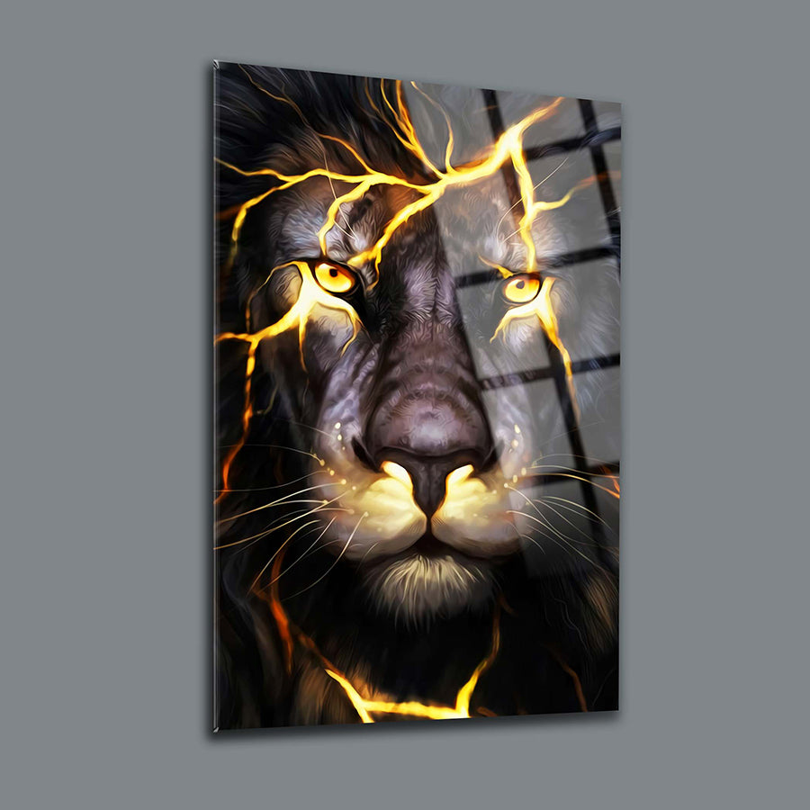 Vibrant glass artwork of a lion's face with electric effects for striking home decor.