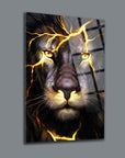 Vibrant glass artwork of a lion's face with electric effects for striking home decor.