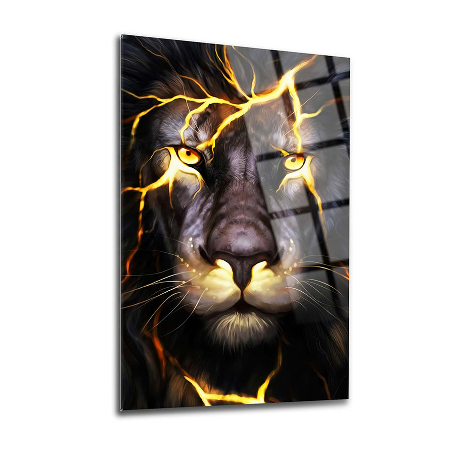 Alev Arslanı Cam Tablo featuring a fierce lion with glowing eyes and lightning effects on high-quality glass.