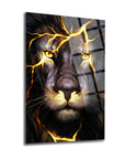 Alev Arslanı Cam Tablo featuring a fierce lion with glowing eyes and lightning effects on high-quality glass.