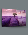 Lavender garden scene with a tree on a decorative glass panel by SRD Concept, showcasing vibrant colors and high-quality UV printing.