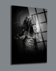 Artistic black and white wall art featuring a muscularman with a horse head in a dramatic pose.