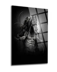 Black and white artwork of a tattooed man with a horse head, showcasing a unique blend of human and animal features.