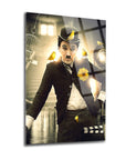 Charlie Chaplin-themed art piece featuring a playful character with birds, ideal for creative decor.