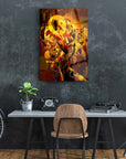 Esthetic art piece with vibrant colors, displayed on a wall in a modern workspace setting.