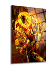 Modern artistic glass panel featuring abstract designs and vibrant colors.
