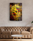 Porsche Cam Tablo with vibrant design, displayed above a modern tufted brown sofa in a stylish interior.