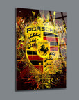 Artistic Porsche logo wall art with vibrant colors and modern design.