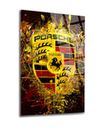 Porsche Cam Tablo featuring abstract art with Porsche shield logo on a vibrant background.