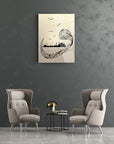 Vav İstanbul Cam Tablo on wall above two stylish armchairs in modern interior setting.
