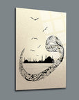 Stylish Vav İstanbul Cam Tablo with artistic black and white design featuring city skyline and birds.