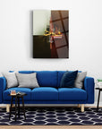 Muhammed Rasülüllah Cam Tablo showcasing elegant design above a modern blue couch in a stylish living room.