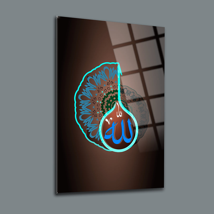 Allah Yazısı cam tablo, UV baskı ile özel tasarlanmış, 4 mm kalınlığında yüksek kaliteli cam tabakası.