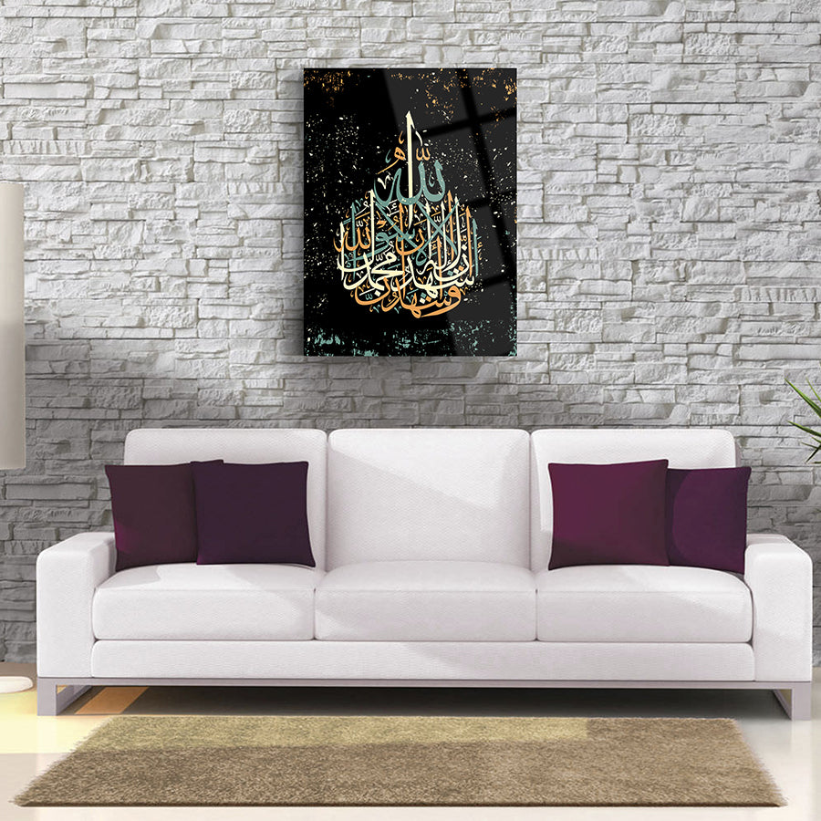 Kelime-i Tevhid cam tablo, şık oturma odası dekoru, yüksek kaliteli UV baskı, dayanıklı cam tasarım.