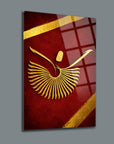 Mevlevi Cam Tablo with golden whirling dervish design on a red background, perfect for home decoration.