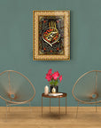Elegant wall art with intricate design, featuring Arabic calligraphy above stylish chairs in a contemporary setting.