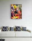 Abstract colorful artwork on a wall above a modern white sofa with patterned cushions.