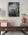 Modern glass art 'Sabır 1 Cam Tablo' displayed on a stylish wooden table, enhancing home decor.